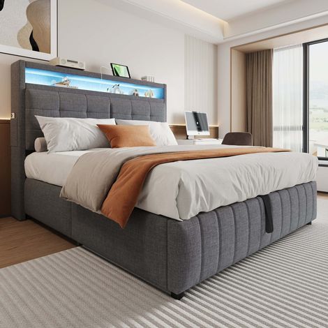 Lit coffre capitonné 160x200 cm avec LED, prise USB, tête de lit avec rangements, sommier à lattes inclus, lit double en lin gris avec coffre hydraulique (1/5)