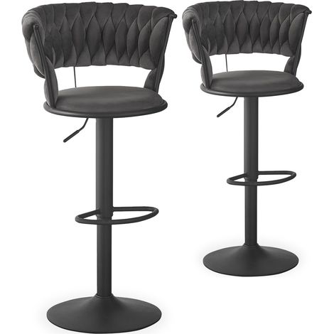 Cotecosy – Lot de 2 chaises de bar dossier arrondi – Revêtement velours gris – Structure métal noir – Hauteur d'assise réglable 59-80 cm (1/5)