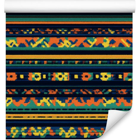 Carta da parati con motivo a maglia colorata nei toni del blu navy, turchese e ocra, 50x1000 cm. (1/5)