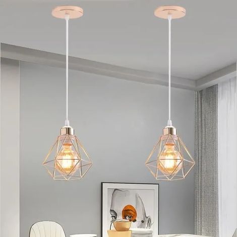 Lot de 2 Lustre Suspension Industrielle, Moderne Lampe Luminaire en Cage Métal Or Champagne pour Salon Chambre (1/4)