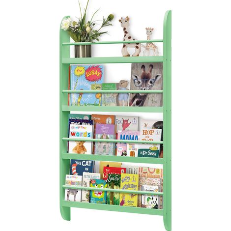 Kids Bookshelf 4 Tier Wall Mounted Book Shelf Display Rack Wooden Book Organizer Behind Door for Children's Bedroom Nursery Playroom (Green) (1/5)