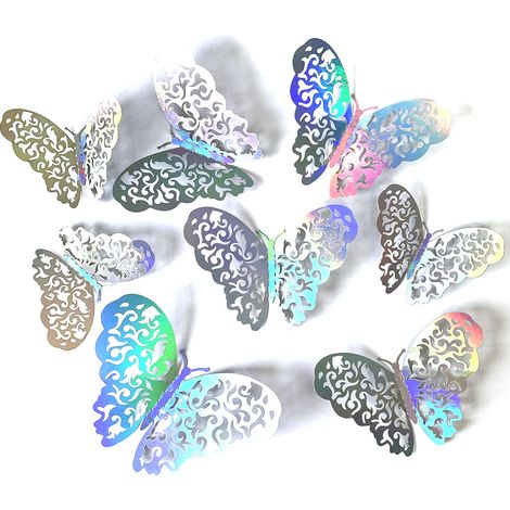 Autocollant Papillon 3D - Décoration Murale en Papier Métallique Argenté - Pour Fenêtre Porte Miroir Bureau Salle de Classe - Lot de 72 Pièces (1/5)