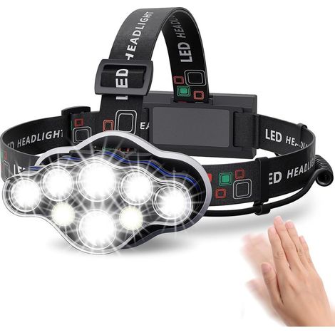 Lampe Frontale,Torche Frontale 18000 Lumens 8 LED 8 Modes d'éclairage,Lampe Frontale LED Ultra Puissante Rechargeable USB 90° Réglable Étanche et Léger Pour Pêche,Camping,Lecture,Randonnée [Classe éne (1/4)