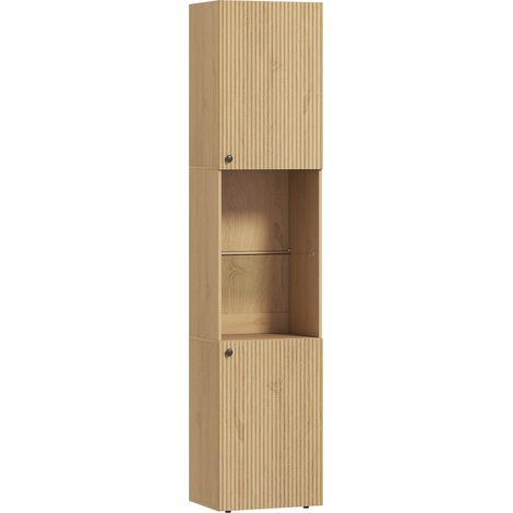 Mobile da Bagno a Colonna Slim 40x31x182H cm 6 Ripiani 2 Ante e Ripiano in Vetro Temperato in MDF Rovere (1/5)