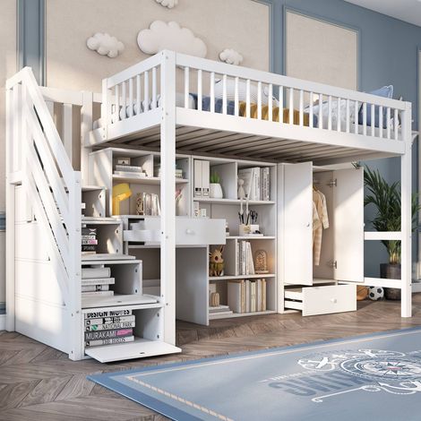 Lit enfant 90x200 cm multifonction blanc en bois massif et mdf, avec bureau, tiroirs et garde-robe, sans matelas (1/5)