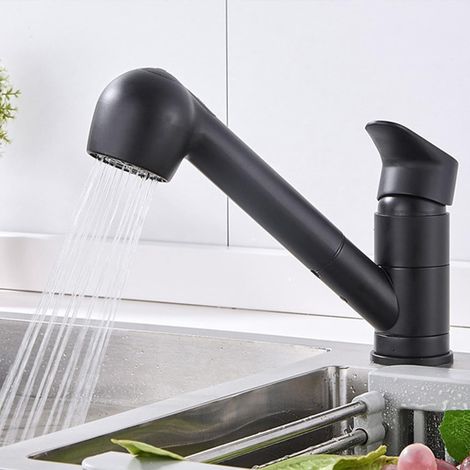 Robinet de Cuisine Noir avec Douchette Extractible Mitigeur Évier à 360° en Laiton Robinetterie avec Monotrou L'eau Froide et Chaude pour Évier (1/5)