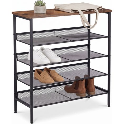 Relaxdays Schuhregal Industrial, 5 Ebenen, HBT 81 x 75 x 30 cm, Schuhständer, Ablage in Holzoptik, Metall, schwarz/braun (1/5)