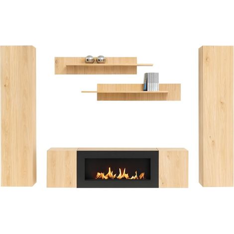 Composizione murale FLY – Rovere chiaro – Mobile TV, vetrine, scaffali – Camino bio-etanolo integrato
