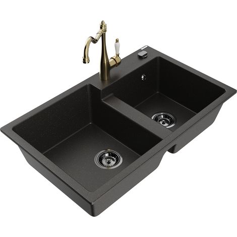 Mexen Tomas lavello in granito a 2 vasche con rubinetto da cucina Carla, nero/oro metallico - 6516-75-670700-50-B (1/5)