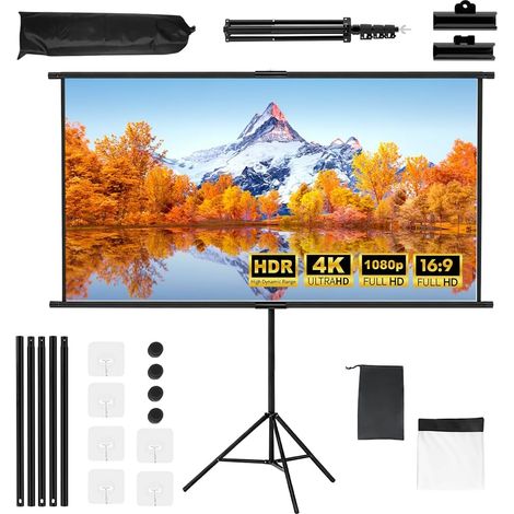 Écran de projection portable avec trépied 100" 16:9 4K HD avec trépied réglable en hauteur pour home cinéma, intérieur et extérieur, films, salle de réunion, mariage (1/5)