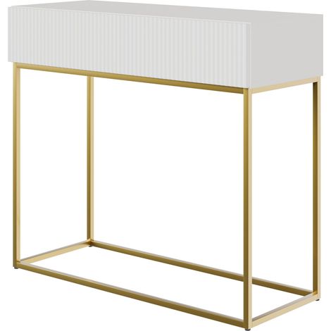Selsey VELDIO - Mesa consola con cajón, blanca con patas de metal dorado, 90 cm (1/5)