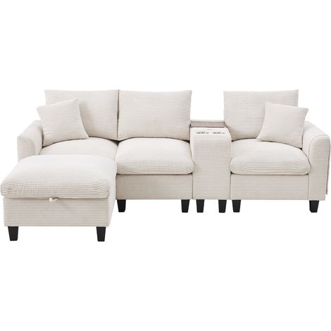 Canapé d’angle moderne en L, canapé convertible avec console, 2 porte-gobelets, ports de charge USB, poche de rangement sur l’accoudoir et coussins, tissu côtelé, canapé confortable pour salon, appart