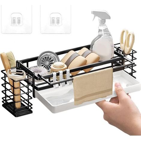 Organisateur Évier Noir - 1 pièce, Organisateur Évier Cuisine Noir Sans Percage - Porte-Éponge (1/5)