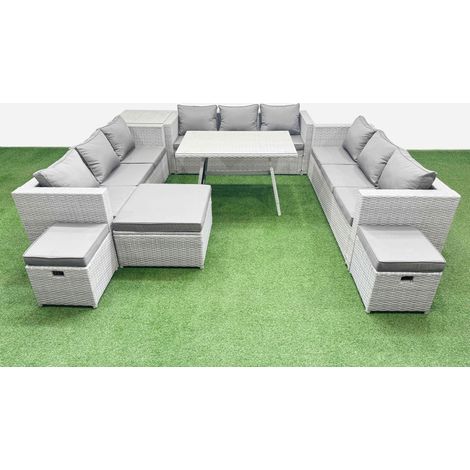 Fimous 12 Seat Outdoor Patio PE Rattan Garden Furniture with Cushions 3 Seater Sofa Side Table 3 Stool Light Grey (1/4)