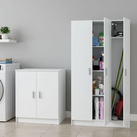Set Mobili per Lavanderia Fenis, set Ripostiglio 6 Ripiani, 8 Vani, Apertura Battente, Bianco (1/4)