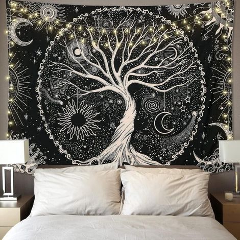 Tapisserie Murale Arbre de Vie Lune et Soleil Noir Psychédélique Mandala Étoilé Style Hippie pour Chambre Dortoir ou Décoration Festive 130x150 cm (1/5)