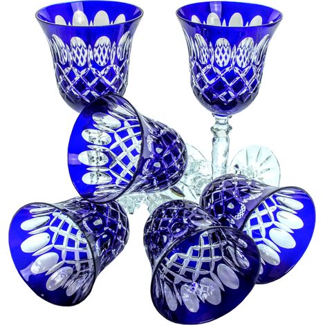 Copas de vino de cristal cobalto de 280 ml con rejilla color oliva. (1/3)
