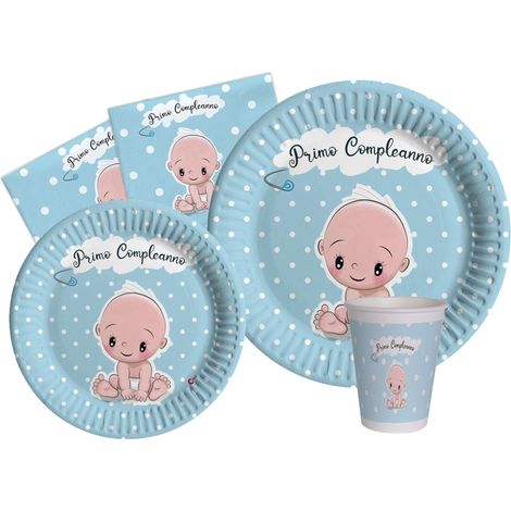 Kit Vaisselle de Fête pour 8 personnes (44 pcs: 8 assiettes Ø23cm, 8 assiettes Ø18cm, 8 gobelets 250ml, 20 serviettes 33x33cm) en papier compostable eco-friendly, bleu (1/5)