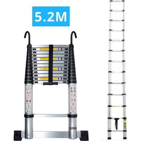 Echelle télescopique aluminium 13 marches H 5,2M avec crochets démontables et barre stabilisatrice - SECURY-T