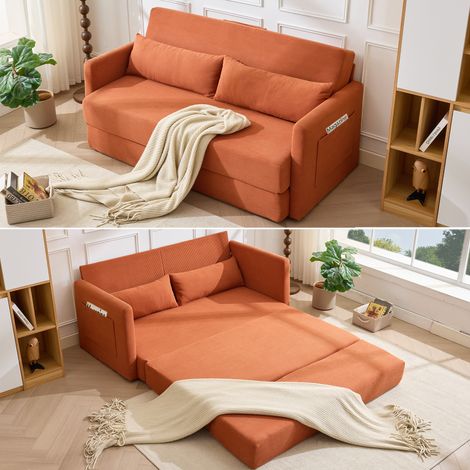 Canapé-lit 2 places – Pliant 2-en-1, qualité, 2 coussins, 165×92×82 cm. Idéal salon/appartement. Orange. (1/4)