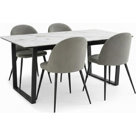 Tilst Essgruppe Tisch weiß Marmor Print 90x160 4 Stühlen Velour grau.