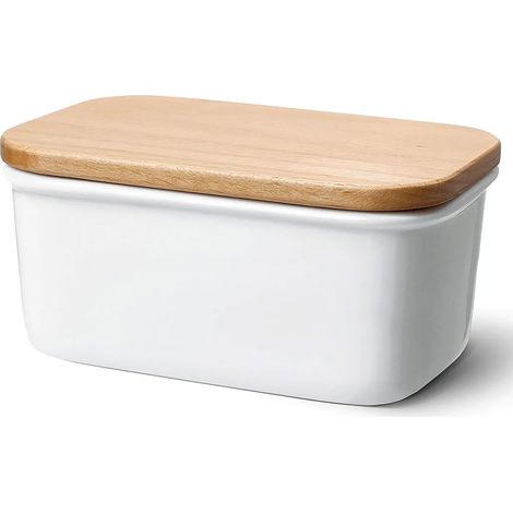 Beurrier en émail avec couvercle en bois, convient pour 250g de beurre, grande taille, blanc (1/5)