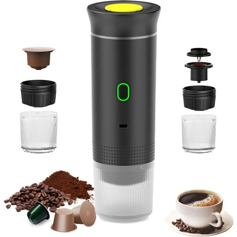 3-in-1 Tragbare Kaffeemaschine für Kapseln und gemahlenen Kaffee, Schnellheizende elektrische Espressomaschine, Ideal für Büro, Reisen, Camping und Zuhause (Schwarz) XXW (1/4)