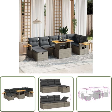 The Living Store 8-tlg. Garten-Sofagarnitur mit Kissen Grau Poly Rattan - Gartenmöbel Set - PE-Rattan Möbel - Outdoor Lounge - Garten Sofa - Balkon Möbel (1/4)