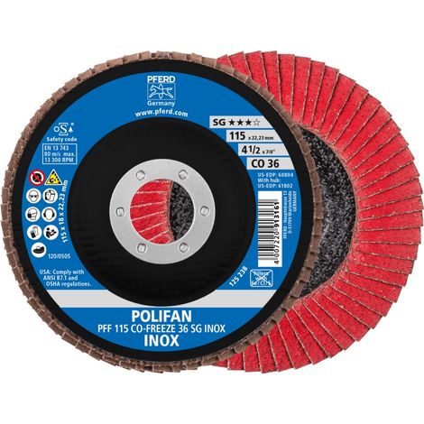 PFERD TOOLS POLIFAN Fächerscheibe PFF 115x22,23 mm flach CO-FREEZE 36 Leistungslinie SG INOX Edelstahl 10 Stk (1/5)