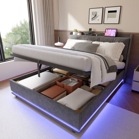 Lit Coffre 160x200 cm - Moderne Lit Capitonné en avec LED RGB, Prises USB et Type-C, Poches Latérales, Sommier à Lattes Hydraulique, Lit Adulte - Velours - Gris (1/5)