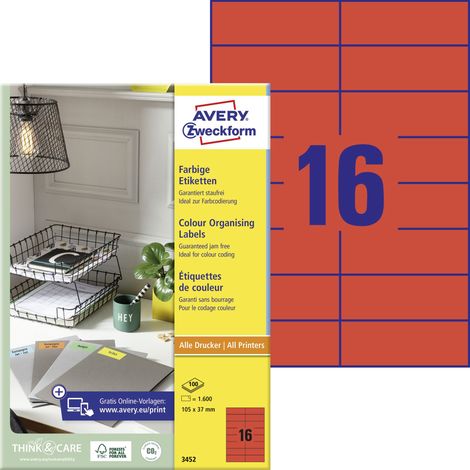 Avery Zweckform 3452 Farbige Etiketten, A4, 105 x 37 mm, 100 Bogen/1.600 Etiketten, rot (1/5)