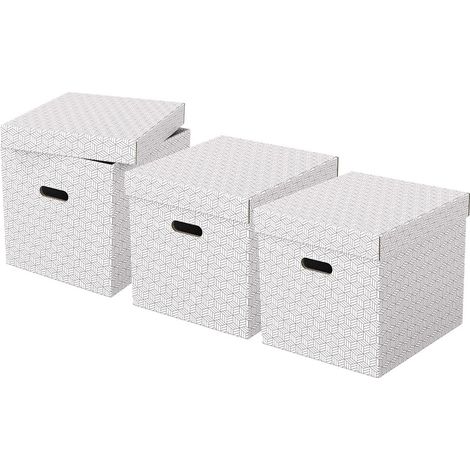 Esselte Set di 3 Contenitori Cubici Grandi con Coperchio in Cartone Riciclato e Riciclabile al 100%, Ottimali per lo Stoccaggio e l'Archiviazione, Design Geometrico, 320 mm x 315 mm x 365 mm, Bianco (1/5)