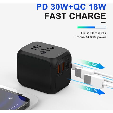 NALOOKAMIC Adaptateur universel 30W avec ports USB/USB-C pour plusieurs pays (1/3)