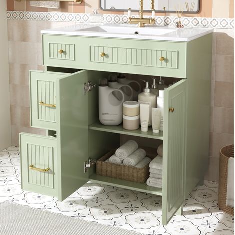 Meuble de salle de bain avec vasque 81,7 x 46,8 x 90 cm vert, lavabo en céramique, MDF laqué DESVIAE (1/5)