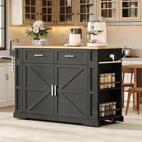 Îlot de cuisine noir et bois 130 x 50 cm avec plan de travail (1/5)