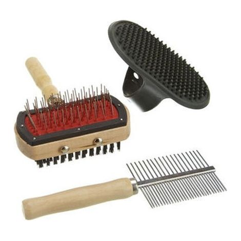 TrAdE Shop Traesio - Set 3 Pezzi Spazzole Per Cani In 3 Modelli Differenti Manico In Legno -
