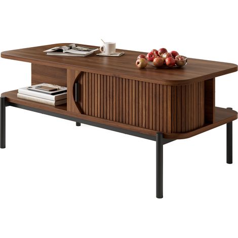 Table basse Noyer 100x45x43cm Rangement Portes Portes Coulissantes Coins Arrondis Brillant MDF Salon Rangement Pratique Moderne (1/5)
