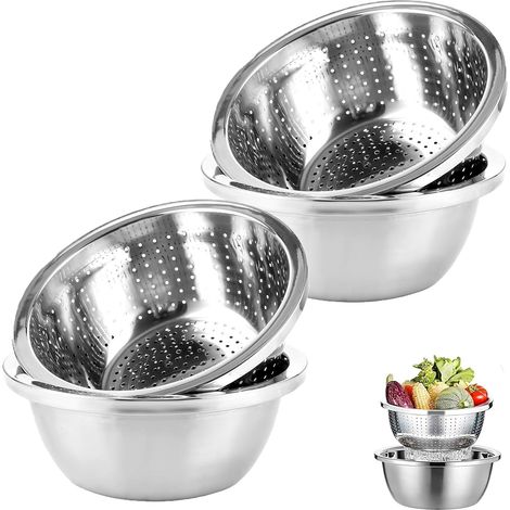 Lot de 4 Passoire Inox 20 cm avec Bol Inox, Passoire de Cuisine Empilable pour Pâtes, Riz, Fruits, Légumes, Préparation Quotidienne et Rangement Cuisine (1/5)