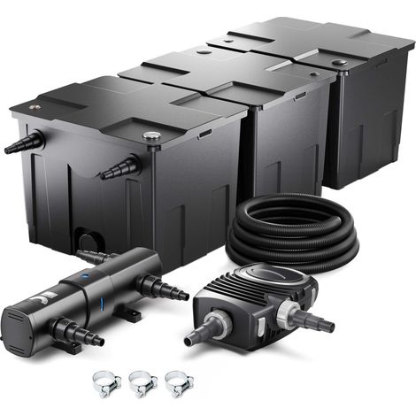 Wiltec Komplettset: CBF-350C Teichfilter bis 90000 L Teichfilteranlage Durchlauffilter, NEO8000 Teichpumpe 8000l/h 70W, CUV-236 Teichklärer 36W, 10m Teichschlauch 38 mm, Schlauchschellen W1 44-47mm (1/5)