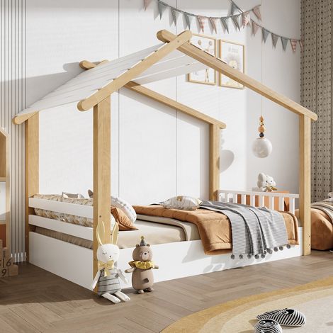 Lit enfant simple cabane 90x190 cm, pin, panneaux de particules et MDF, blanc et naturel, sommier à lattes (1/5)