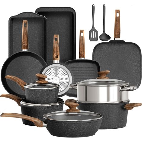 Set of 17 Non-Stick Induction Saucepan and Frying Pan, Cookware, Pancake Pan, PFA-Free, PFOA-Free Glass Lids (1/5)