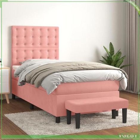 Lit avec matelas - Sommier à lattes 90x200 - Velours rose - Tête de lit réglable - Matelas 90x200 20cm ressorts (1/5)