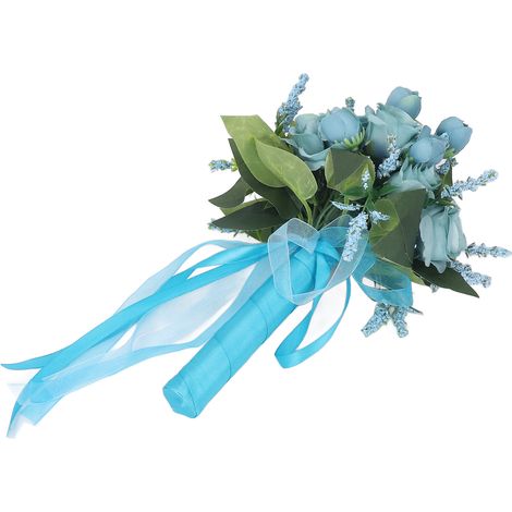 Bouquet de mariée artificiel avec roses réalistes et feuilles vertes, rose moderne et élégante pour mariage, église et décoration intérieure, bleu lac.