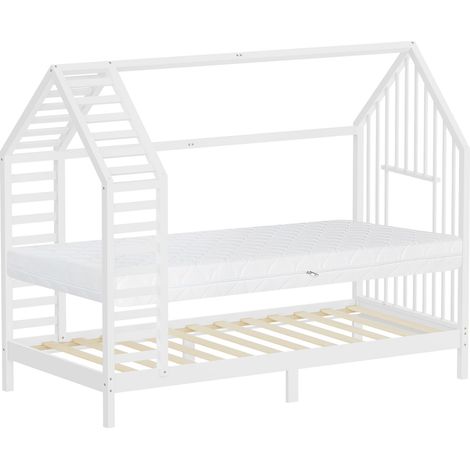 ML-Design Letto Montessori per bambini a casetta con materasso 90x200 cm lettino singolo per bambine con rete a doghe e tetto, struttura in legno massiccio di pino, ideale per cameretta, bianco (1/5)