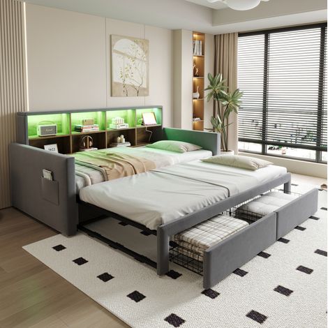 Cama sofá extensible con almacenaje LED gris oscuro HAVRYA (1/5)