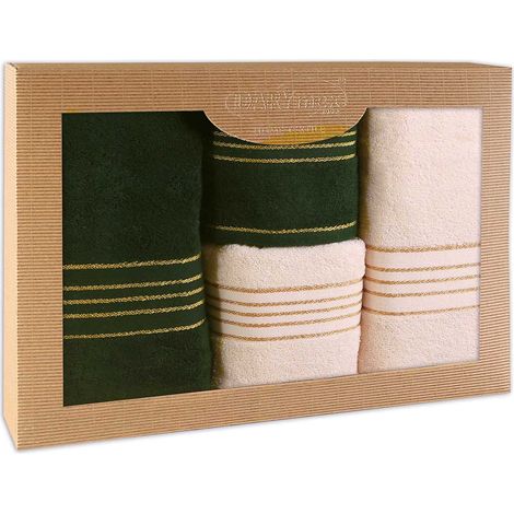 Juego de toallas de algodón, 4 piezas en una caja, 50x90 + 70x140, color crema y verde oscuro. (1/5)