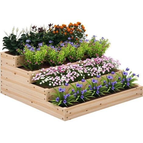 Carré potager de jardin sans fond 4 étages pour herbes légumes fruits fleurs 113 x 113 x 46 cm bois naturel