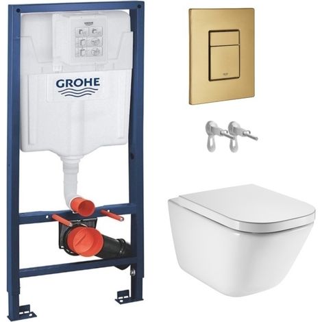 Pack WC suspendido con bastidor Grohe Rapid SL + pulsador Skate oro cepillado + inodoro Roca The Gap rimless