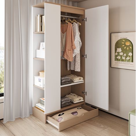 Kleiderschrank 70x40x170 cm Weiß/Naturholz in Holzwerkstoff mit 1 Tür, Einlegeböden und Schubladen (1/5)