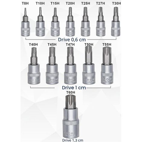 Torx Socket Set T8H-T10H-T15H-T20H-T25H-T27H-T30H-T40H-T45H-T47H-T50H-T55H-T60H Drive 1/4" 3/8" 1/2" (1/2)